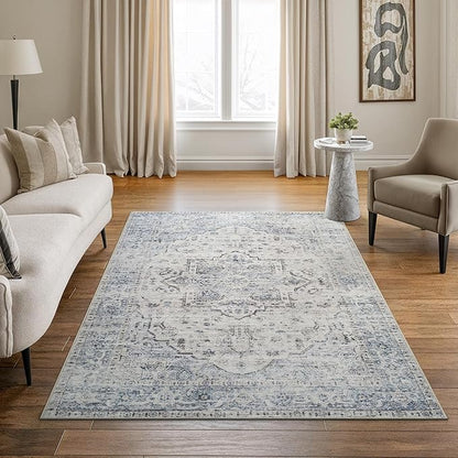 Bloom Rugs Caria Washable Non-Slip 4x6 Rug - Ivory/Blue/Gray Traditional Area Rug for Living Room, Bedroom, Dining Room, and Kitchen - Exact Size: 4' x 6'