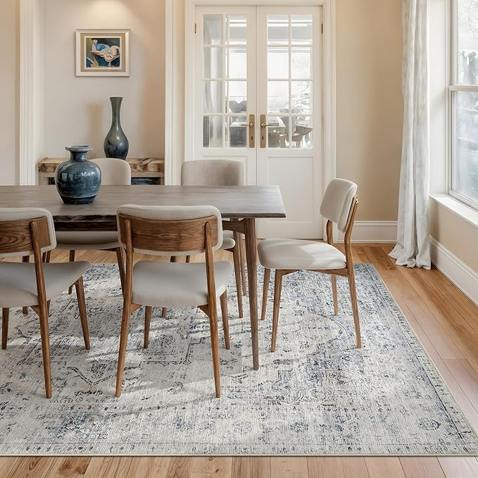 Bloom Rugs Washable Non-Slip 10x14 Rug - Ivory/Blue/Gray Traditional Oriental Area Rug for Living Room, Bedroom, Dining Room, and Kitchen - Exact Size: 10' x 14'