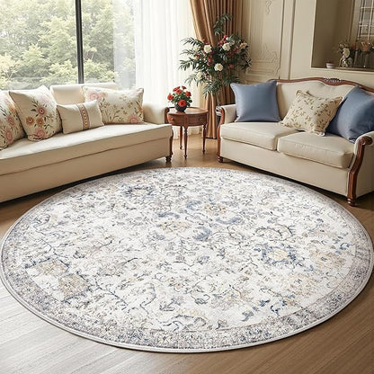 jinchan Round Rug 7ft Area Rug Washable Vintage Indoor Retro Accent Floor Cover Distressed Floral 7' Round Circle Boho Non Slip Thin Carpet for Living Room Dining Room Bedroom Kitchen Blue