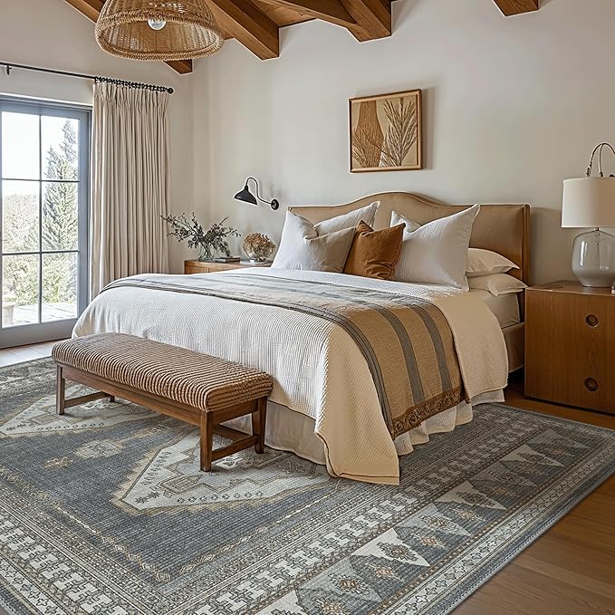 GENIMO Machine Washable 8x10 Area Rugs for Living Room, Non Slip Vintage Rugs, Low Pile Lightweight Chenille Print Rug for Bedroom, Dining Room, Home Office, Gray/Beige