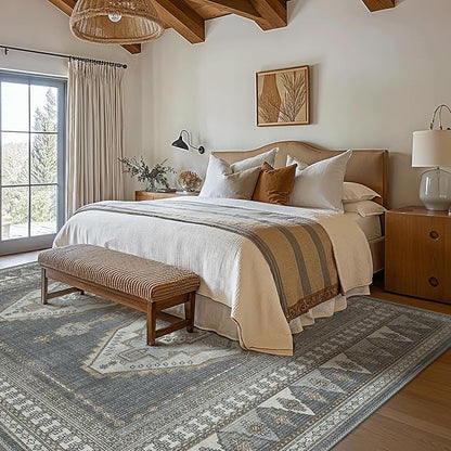 GENIMO Machine Washable 8x10 Area Rugs for Living Room, Non Slip Vintage Rugs, Low Pile Lightweight Chenille Print Rug for Bedroom, Dining Room, Home Office, Gray/Beige