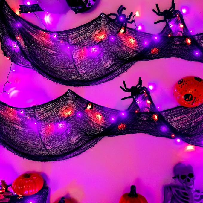 Ollny Halloween Lights with Creepy Cloth, 50LED 16FT Waterproof Orange and Purple String Lights with 8 Lighting Modes Timer, Battery Operated Fairy Lights for Indoor Party Yard Decor