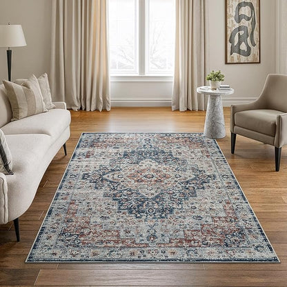Bloom Rugs Caria Washable Non-Slip 5x7 Rug - Terracotta/Teal Traditional Area Rug for Living Room, Bedroom, Dining Room, and Kitchen - Exact Size: 5' x 7'