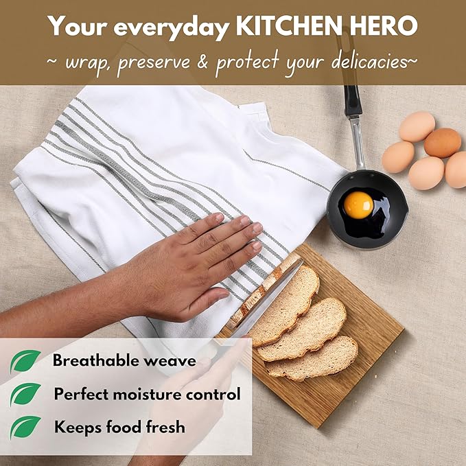 Native Fab Herringbone Striped Kitchen Towels 100% Cotton 12 Pack 16"x26" - Scandia Weave Dish Towels for Drying, Absorbent Dish Cloths Set with Hanging Loop - Grey White