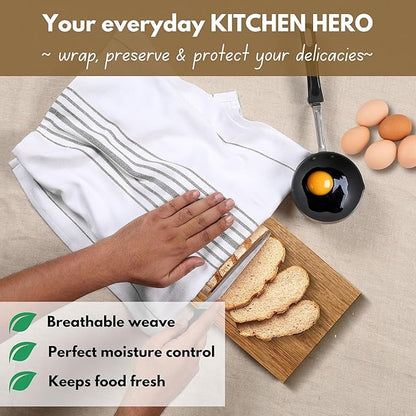 Native Fab Herringbone Striped Kitchen Towels 100% Cotton 12 Pack 16"x26" - Scandia Weave Dish Towels for Drying, Absorbent Dish Cloths Set with Hanging Loop - Grey White