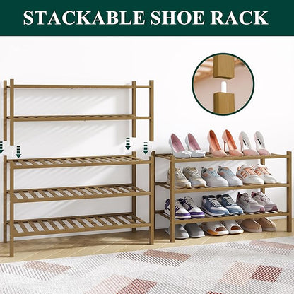 Smiry Bamboo Shoe Rack for Closet, 2 Tier Wooden Stackable Shoe Organizer, Free Standing Shoes Storage Shelf for Entryway, Front Door Entrance, Walnut