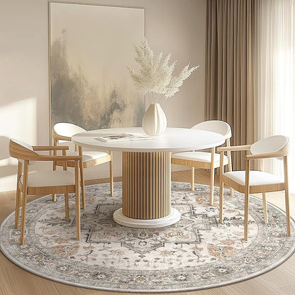 GENIMO 4FT Round Area Rugs for Living Room, Circle Rugs Machine Washable Low Pile, Chenille Non Slip Vintage Rug for Bedroom, Dining Room, Home Office, Light Taupe Brown