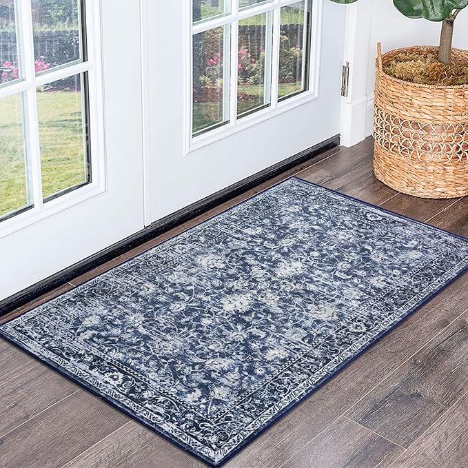 KILOCOCO Moroccan Small Area Rug 2x3 Washable Rug Entryway Mat Printed Vintage Floral Soft Non-Slip Blue Kitchen Rugs Indoor Door Mat, Accent Throw Rugs for Laundry Room Bedroom Entrance