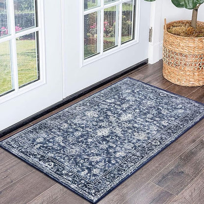 KILOCOCO Moroccan Small Area Rug 2x3 Washable Rug Entryway Mat Printed Vintage Floral Soft Non-Slip Blue Kitchen Rugs Indoor Door Mat, Accent Throw Rugs for Laundry Room Bedroom Entrance