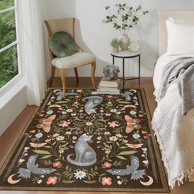 GarveeHome 4x6 Cat Washable Area Rug for Nursery Room, Mushroom Floral Brown Bedroom Rug Non Slip Low Pile Butterfly Carpet Stain Resistant Throw Rug for Dorm Kids Room Office Dining Room