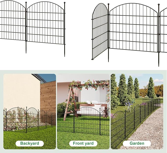 24 in(H) x20 Ft(L) No Dig Heavy Duty Metal Fence - 10 Panels Thick Rust-Resistant Decorative Fence Posts for Yard Security, Garden, Lawn, Farm and Poultry (Black)