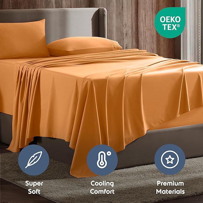 Nestl Queen Sheet Set - Luxury 1800 Ultra-Soft Microfiber Bed Sheets - Double Brushed - Deep Pockets - Easy Fit - 4 Piece Set - Bedding Sheets & Pillowcases (Queen, Light Orange)