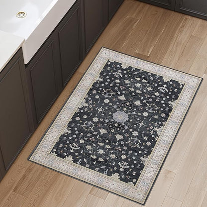 2x3 Entryway Rug, Black Small Boho Washable Rug, Soft Modern Non-Slip Area Rug, Low Pile Carpet for Entryway Kitchen Bathroom Front Doormat Indoor Entrance Throw Rugs, Black/Gold