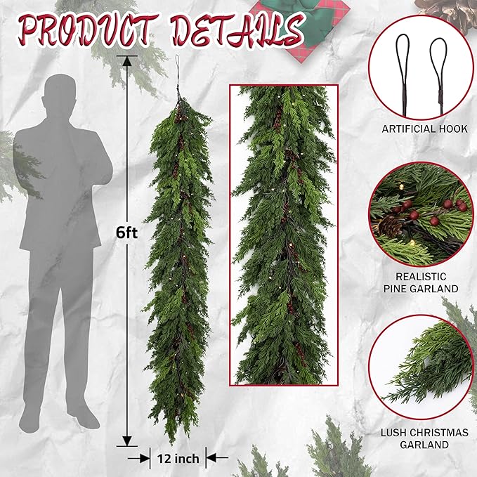 6 Feet Pre-Lit Artificial Christmas Garland with Lights -Real Touch Cedar Garland -Battery Operated -Christmas Decorations -Garland for Table, Fireplace, Mantle,Wall, Indoor Outdoor -Home Decor