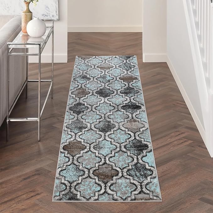 Superior Indoor Area Runner, Jute Backed, Perfect for Hallway, Living/Dining Room, Bedroom, Office, Kitchen, Entryway, Modern Geometric Trellis Floor Decor, Viking Collection, 2' 7" x 8', Turquoise