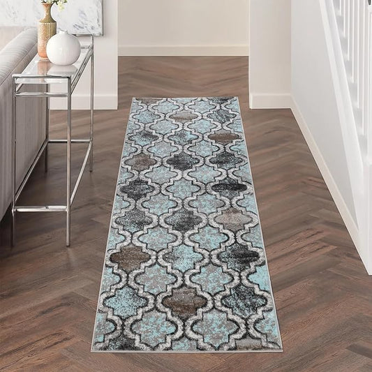 Superior Indoor Area Runner, Jute Backed, Perfect for Hallway, Living/Dining Room, Bedroom, Office, Kitchen, Entryway, Modern Geometric Trellis Floor Decor, Viking Collection, 2' 7" x 8', Turquoise