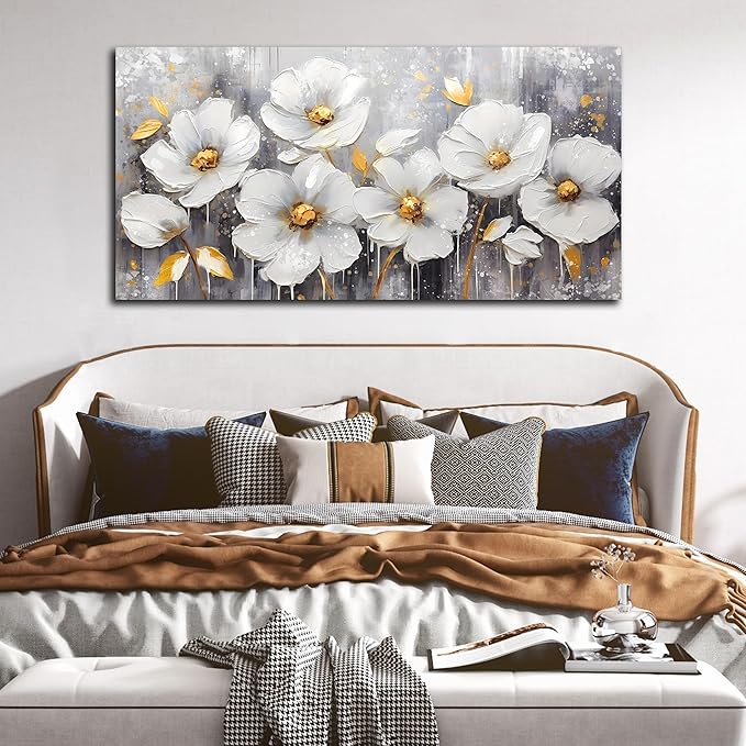 CIRABKY White Canvas Wall-Art - Flower Pictures Wall Decor - Large Wall Art for Living Room Ready to Hang Size 29" x 59"