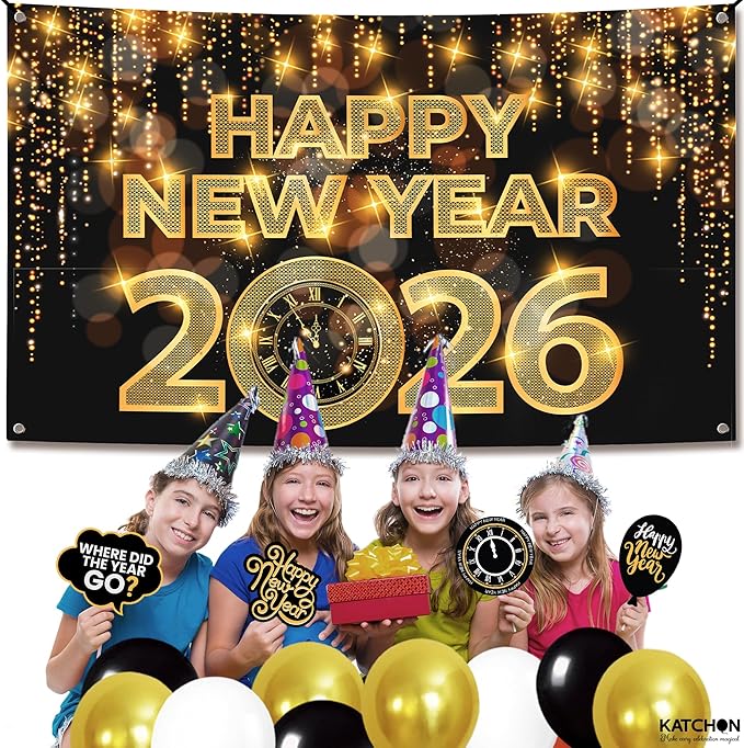 KatchOn, XtraLarge Happy New Year Banner - 72x44 Inch | New Year Backdrop 2026 | New Years Decorations 2026 | NYE Eve Banner For NYE Decorations 2026 | New Years Eve Party Supplies 2026