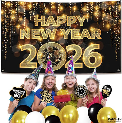 KatchOn, XtraLarge Happy New Year Banner - 72x44 Inch | New Year Backdrop 2026 | New Years Decorations 2026 | NYE Eve Banner For NYE Decorations 2026 | New Years Eve Party Supplies 2026