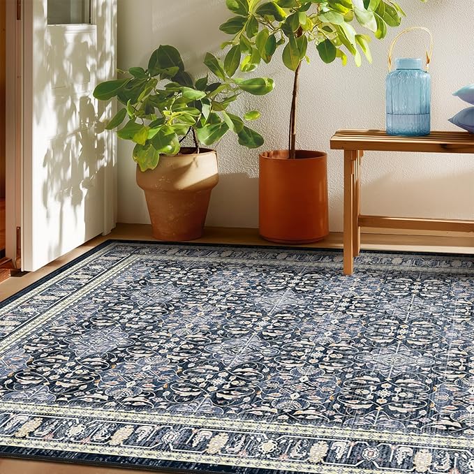 Washable 5x8 Area Rugs, Floral Moroccan Trellis Classic Boho Carpet for Living Room Bedroom, Low Pile Thin Rug with Rubber Backing Non Slip Machine Washable for Dining Room Office, Dark Blue