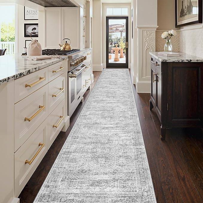 3x16 Washable Runner Rug for Hallway, Non-Slip Long Hallway Runner for Entryway, Soft Vintage Kitchen Mats for Floor, Abstract Dining Room, Bedroom, Living Room Rugs(3'x16', Grey/Ivory)