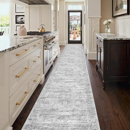 3x16 Washable Runner Rug for Hallway, Non-Slip Long Hallway Runner for Entryway, Soft Vintage Kitchen Mats for Floor, Abstract Dining Room, Bedroom, Living Room Rugs(3'x16', Grey/Ivory)