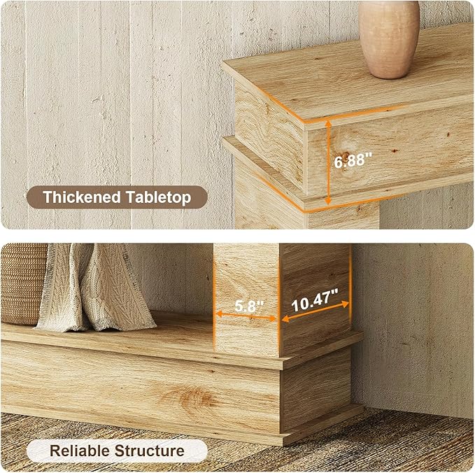 63 Inches Large Console Table, 2-Tier Entryway Table, Narrow Long Sofa Table Behind Couch, Bamboo-like Design, Heavy Duty Base, Farmhouse Wood Accent Decor for Living Room, Hallway, Foyer (Natural)