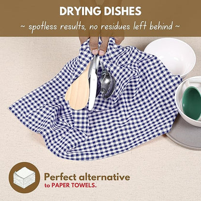 Native Fab 6 Pack Gingham Mini Check Kitchen Hand Towels Set 16"x26" - 100% Cotton Absorbent Reusable Wash Cloths - Quick Drying Dish Towels with Hanging Loops for Kitchen, Blue White