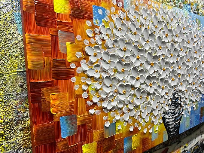 YaSheng Art- 3D Thick Texture White Floral Canvas Wall Art Oil Painting on Canvas Handmade Abstract Floral vase Artwork Home Modern bedroom Dining Room Office Decor Wall Art Ready to Hang 24x48