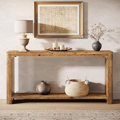 2-Tier Solid Wood Console Table, 63" Farmhouse Couch Table Behind Sofa, Entryway Table with Storage for Living Room, Entrance, Foyer, Hallway (Rustic Brown)