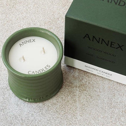 Scented Luxury Candles in Handmade Ceramic Jars, Soy Wax | Woody Wood – Oud & Agarwood, Large Candle | Non Toxic, 2 Wicks, Reusable Big Olive Green Jar | Natural Spring Aromatherapy for Women & Men