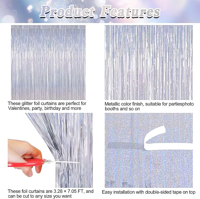 8 Pack 3.28 FT x 7.05 FT Tinsel Foil Fringe Backdrop, Glitter Silver Fringe Tinsel, Metallic Foil Curtains Door Streamer Disco Photo Backdrop Foil Streamer Decor Engagement Party Supplies
