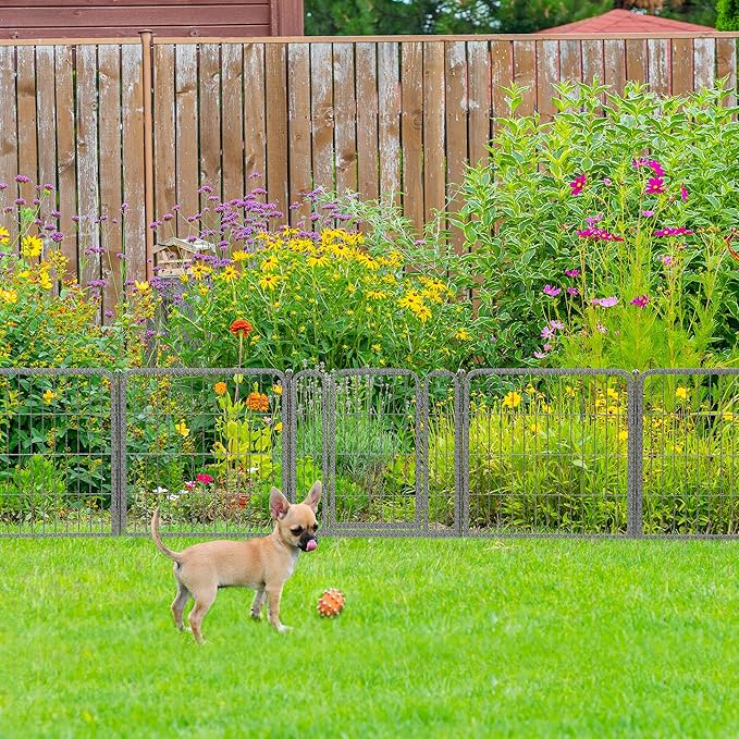 FXW Garden Fence Outdoor for The Yard – 24in(H) x 30.4ft(L) Heavy Duty Metal Animal Barrier for Dog and Rabbit, Decorative Dog Fence, 16 Panels, Silver