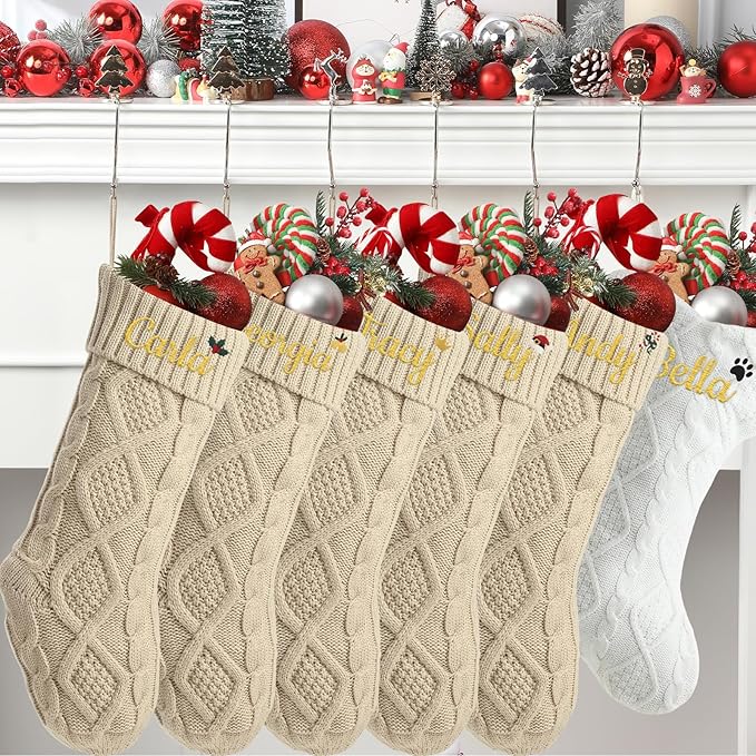 Personalized Christmas Stockings,Custom Embroidered Name+Logo Xmas Knitted Stockings 18'',Holiday and Family Stocking for Fireplace Christmas Holiday Party Decoration 1-6Pack（Flax）