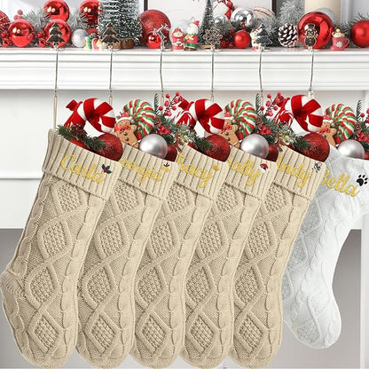Personalized Christmas Stockings,Custom Embroidered Name+Logo Xmas Knitted Stockings 18'',Holiday and Family Stocking for Fireplace Christmas Holiday Party Decoration 1-6Pack（Flax）