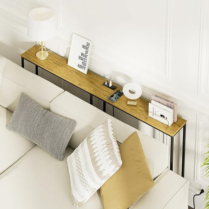 63 Inch Console Table with Power Outlet,Modern Narrow Long Sofa Table Behind Couch,Skinny Entry Table with Black Metal Frame for Entryway,Living Room, Hallway,3D Oak