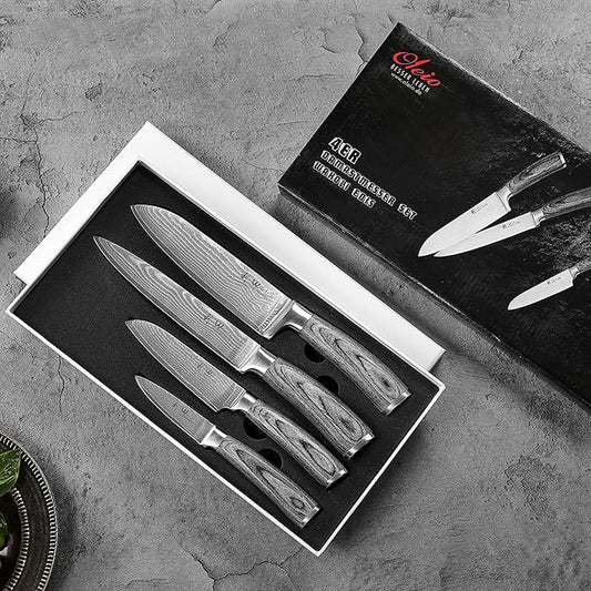 Wakoli EDIS Damascus 4-Piece Knife Set – Japanese Style Kitchen Knives | Genuine Damascus Steel Blades with VG10 Core | Ergonomic Pakkawood Handles | Professional Chef Knife Set in Wooden Gift Box