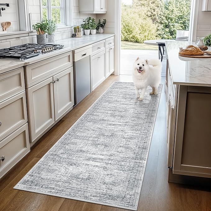 Kitchen Runner Rug Non Slip - 2.5 x 8 Runners for Hallways, Entryway, Bedroom, Washable Runner Rugs for Bathroom, Laundry Room, Low Pile Soft Vintage Area Rug(2.5'x8', Grey/Ivory)
