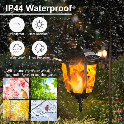 Dynaming 2 Pack Solar Flame Hanging Lights Outdoor, Solar Flickering Flame LED Garden Lanterns with 2 x 38 Inch Shepherd Hooks, Landscape Lighting Waterproof for Lawn Patio Yard Pathway Driveway