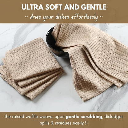 Native Fab Cotton Kitchen Towel with Hanging Loop 16x26 inches, 6-Pack, Waffle Weave Kitchen Towels for Cleaning Drying, Washcloths Soft & Absorbent Cloth Rags, Bar Towel, Dish Cloth, Beige