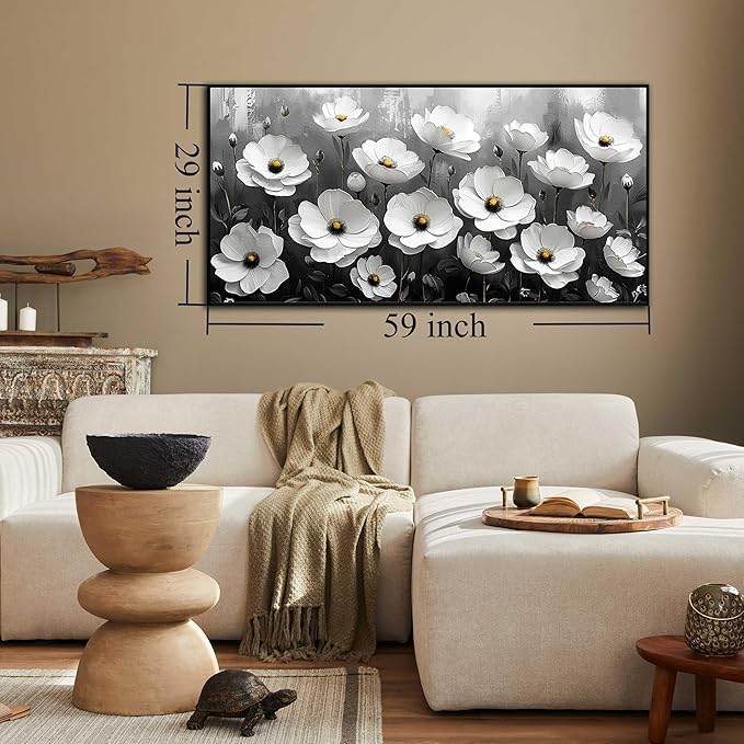 Large Black and White Flower Canvas Wall Art With Black Wood Frames Large Modern Canvas Prints Framed Wall Art for Living Room Bedroom Home Office Size 30x60