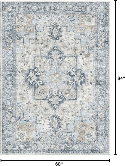 GENIMO 5x7 Area Rugs for Living Room, Machine Washable Rug, Non Slip Vintage Rugs, Low Pile Lightweight Chenille Print Indoor Rug for Bedroom, Dining Room, Home Office, Blue