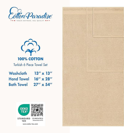 Cotton Paradise 6 Piece Towel Set, 100% Cotton Soft Absorbent Turkish Towels for Bathroom, 2 Bath Towels 2 Hand Towels 2 Washcloths, Beige Towel Set