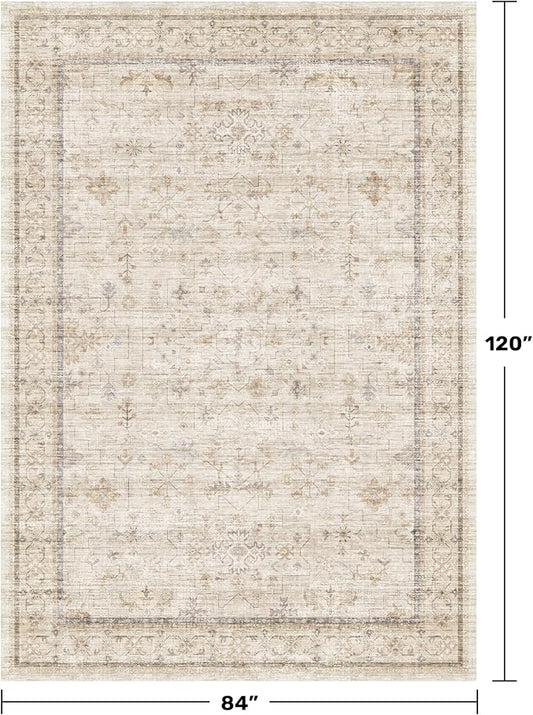 Farmhouse Rugs for Living Room 7x10, Low Pile Soft Retor Foldable Area Rug for Bedroom, Dining Room, Non Slip with Rubber Backing, Light Beige Vintage Home Décor, Geometric Floral Carpet