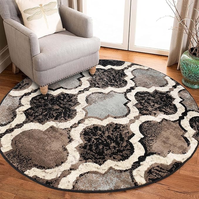 Superior Indoor Large Area Rug, Jute Backed, Perfect for Living/ Dining Room, Bedroom, Office, Kitchen, Entryway, Modern Geometric Trellis Floor Decor, Viking Collection, 5' Round, Chocolate