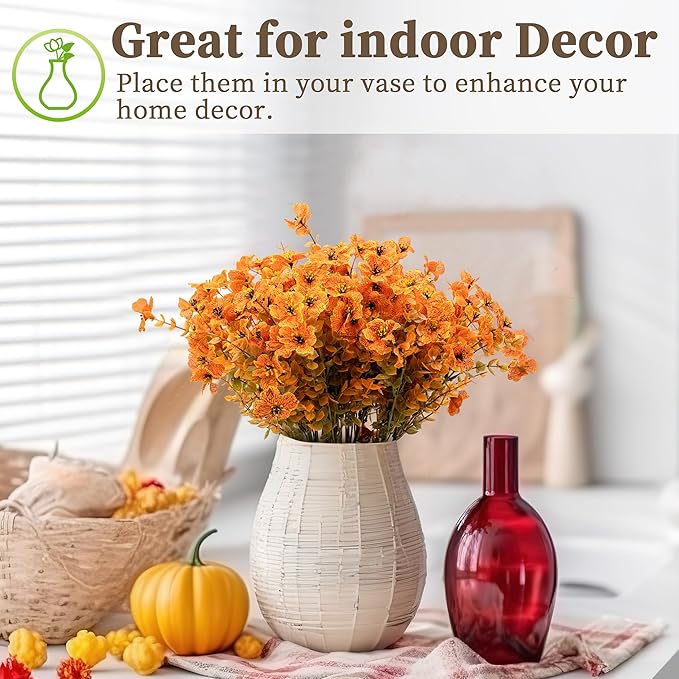18 Bundles Artificial Mums for Outdoors/Indoors Faux Mums for Outdoor Planters, Eucalyptus Leaves Fall Flowers Artificial for Decoration Boxwood Garden Porch Window Home Wedding(Fall Orange)