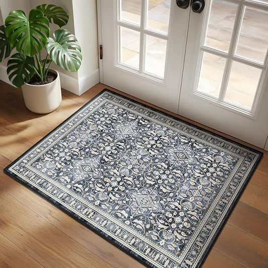 Small Area Rugs 3x4, Dark Blue Throw Rugs for Kitchen Bathroom Bedroom, Washable Non Slip Ultra Thin Front Indoor Door Mats for Entrance Entryway Foyer, Transitional Floral Trellis Printed