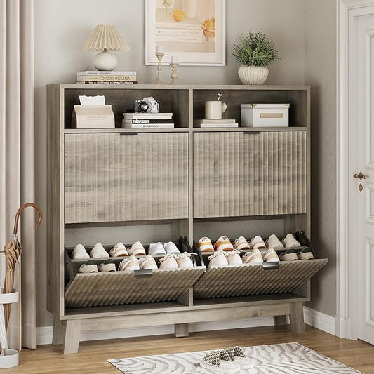 Shoe Cabinet with 4 Flip Drawers, 46" Tall Narrow Fluted Shoe Storage Organizer for Entryway, Hidden Slim Wooden Shoe Rack Cabinet for Front Door Entrance, Hallway, Living Room, Light Grey