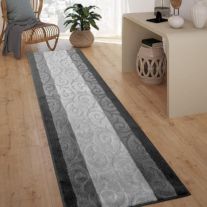 Custom Size Hallway Runner Rug, Slip Resistant, 26 Inch Wide x Your Choice of Length Size, Scroll Anthracite, 26 Inch X 16 Feet, Sold and Priced Per Foot