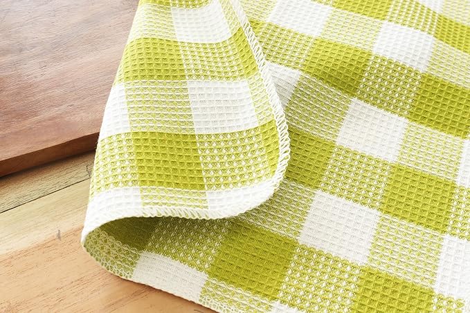 Waffle Weave Plaid Dish Cloths, 100% Cotton - 12 x 12 Inches, Ultra Soft Absorbent Quick Drying Dish Towels Buffalo Check Dish Rags for Kitchen, 8 Pack - Fall Thanksgiving - Light Green & White